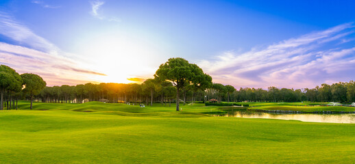 Panorama of dawn over the grass of a golf course with a lone tree in the foreground Belek Turkey - obrazy, fototapety, plakaty