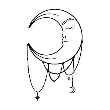 Tarot crescent moon sketch. Spiritual tarot moon with face. Vector illustration isolated in white background