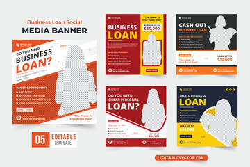 Business loan social media post design collection with yellow and red colors. Modern banking service promotional web banner design bundle for digital marketing. Personal bank loan service template set
