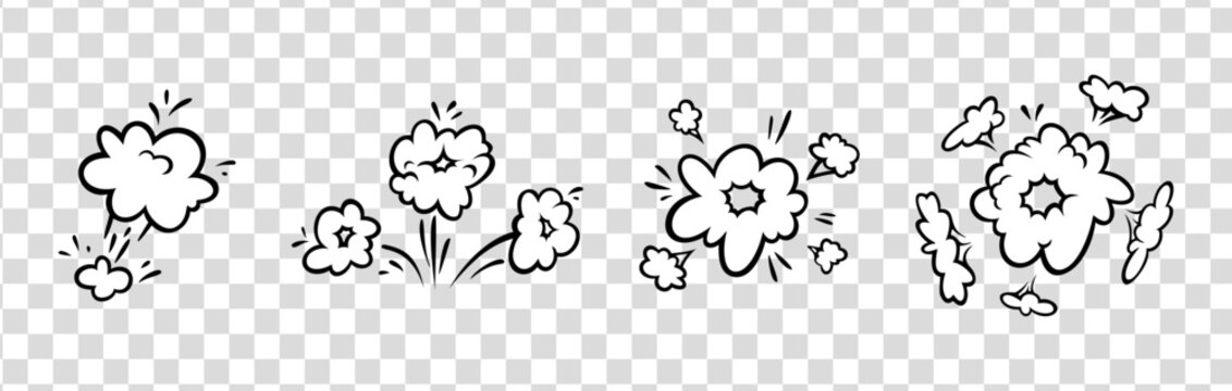Comic boom effect clouds. Set of explosion bubbles and smoke. Vector illustration isolated