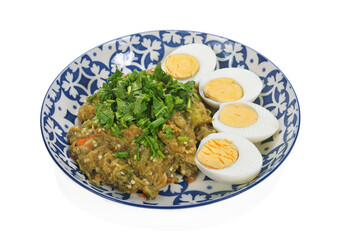 Spicy eggplants salad or Tum-Ma-kea in plate, Thai famous northern food.