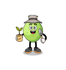 Illustration of coconut cartoon holding a plant seed
