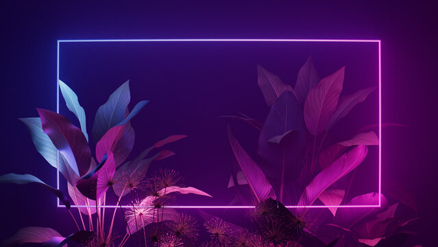 Futuristic Background Design. Tropical Plants with Pink and Blue, Rectangle shaped Neon Frame.