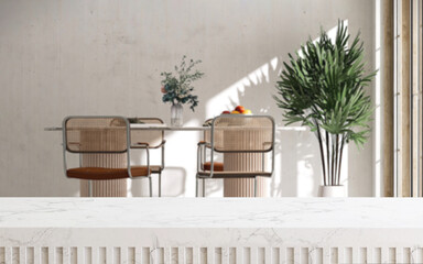 Modern and minimal white marble table top or countertop with retro and minimal style dining room, concrete wall in background with sunlight from window for product display