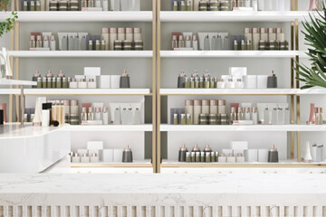 Modern and minimal white marble table top or countertop in beauty and cosmetic shop with shelf full...