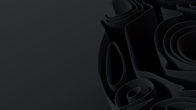 Black 3D Undulating lines form a Dark abstract background. 3D Render with copy-space. 