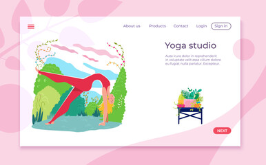 Yoga studio healthy lifestyle woman character online web application website banner, template landing webpage mobile app flat vector illustration.