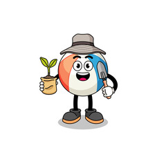 Illustration of beach ball cartoon holding a plant seed