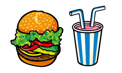 ベクター ハンバーガーとストロベリーミルクシェイクのイラスト