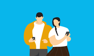 vector illustration of a man and a woman holding cell phones