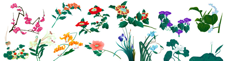 Fototapeta premium ベクター 和風アジアンな花のイラスト 四季の花 詰め合わせパック
