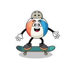 beach ball mascot playing a skateboard