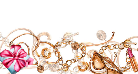 Board of golden bracelet, chaintet, earrings watercolor illustration isolated on white.