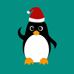 Xmas theme and concept. Christmas Penguin with Santa’s Cap. Santa Claus hat. Bright Winter holiday composition