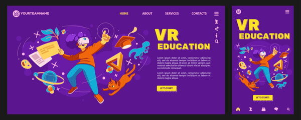 VR education landing page and mobile app template set. Contemporary vector illustration of female student wearing virtual reality goggle headset, touching interface, modern technology for studying