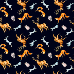 Wild animals, hare, fox, owl, deer watercolor seamless pattern isolated on dark.