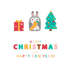 new year card with christmas tree, rabbit