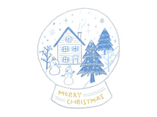 Snow globe Christmas landscape Blue and silver simple and cute hand drawn illustration / スノードームのクリスマス風景 ブルーとシルバーのシンプルでかわいい手描きイラスト