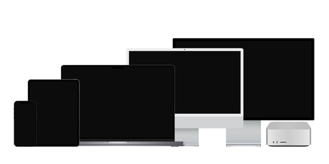 Vector graphic of silver phone, tablet, laptop and desktop pc. Ideal to present your website and user interface mockups.