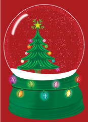 Christmas Snow Globe with Xmas Lights and decorated Pine Tree on isolated red background with falling snow and a festive holiday green snow globe base. 