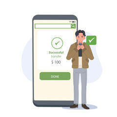 Online banking concept. successful electronic money transfer. man using Banking app to transfer his money. Flat vecvtor cartoon character illustration.