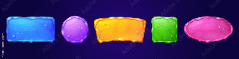 Poster game ui frames, slime app buttons, icons, boards or plaques. cartoon gooey menu interface colorful p