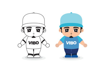 Cute vector illustration of male character in hat in full color and black and white used for coloring sketch set.