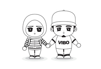 Cute illustration of cartoon character couple in hat and veiled with black and white color concept.