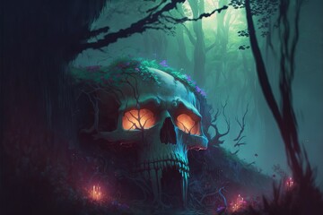 mysterious broken giant skull in fantasy forest. concept art, digital art, illustration.