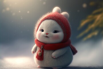 Obraz na płótnie Canvas Fluffy rabbit. Cute little rabbit wearing a sweater in the falling snow.