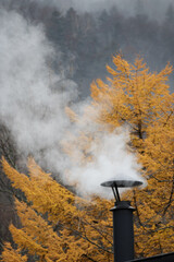 Fototapeta na wymiar Smoke coming from black metal log cabin chimney