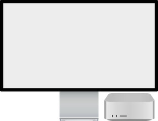 Silver desktop pc with display. Vector graphic of a modern computer with white screen.