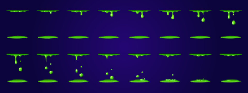 Liquid slime, green poison animation, dripping goo drops and puddles. Cartoon vector liquid phlegm sprite sheet, animated fx effect, toxic splash sequence frame. Splatters of magic potion in motion