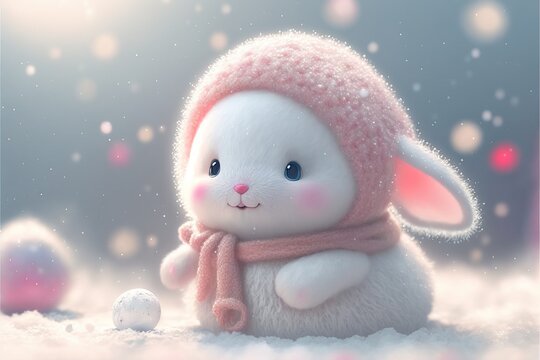 Fluffy rabbit. Cute little rabbit wearing a sweater in the falling snow.