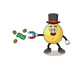 Character Illustration of langsat catching money with a magnet
