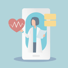 Doctor online appointment, Visiting using online technology via smartphone,chat in messenger and consultation,medical advice service,report cardiology,Vector illustration.