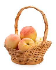 Pink Peach on White With clipping path, Peach fruit in bamboo basket isolated on white background.