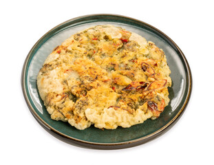 Korean pancake or Pajeon, Korean  dish made from egg and wheat flour with chili and chives vegetable Isolate opn white with clipping path.