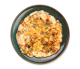 Korean pancake or Pajeon, Korean  dish made from egg and wheat flour with chili and chives vegetable Isolate opn white with clipping path.