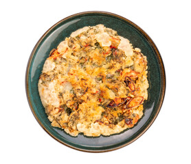Korean pancake or Pajeon, Korean  dish made from egg and wheat flour with chili and chives vegetable Isolate opn white PNG File.