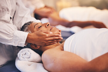Spa, facial and massage of senior woman for peace, relaxation and wellness procedure lifestyle....