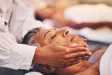 Face massage, woman and relax at spa for wellness, luxury cosmetology and zen cosmetics. Facial...