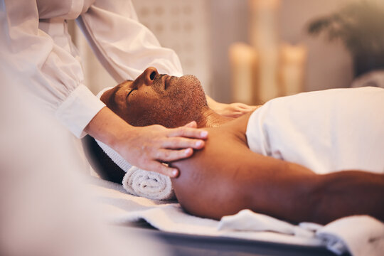 Spa, physiotherapy or hands massage old man to relax the body, mind or shoulders on a physical therapy table. Luxury, peace and zen masseuse helping a senior or elderly client with stress relief