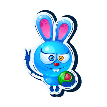 A cute bunny, a blue toothy rabbit with big multi-colored eyes, hugged a watermelon. Character design in cartoon style. Sticker. Vector illustration.