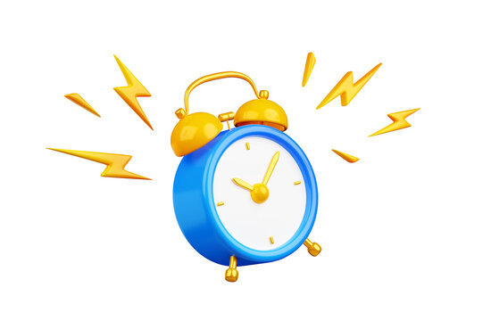 3D render alarm clock hurry up, ringing watches with flash lightnings. Morning alert, time countdown, last chance sale or deadline concept, Illustration in cartoon plastic style on white background