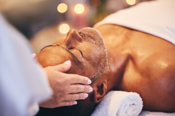 Hands, old man and head massage at spa for wellness, relax and health. Bokeh, peace and zen with...