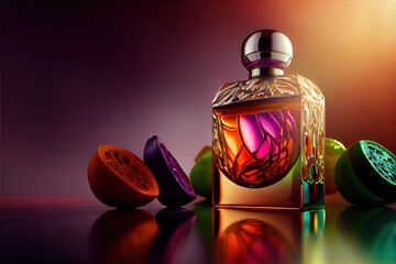  a bottle of perfume sitting on top of a table next to some colorful objects on a table top with a purple background. Generative AI
