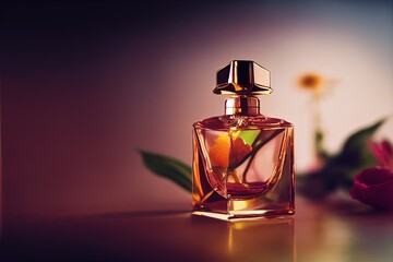  a bottle of perfume sitting on a table next to a flower vase with a single flower in it and a single flower in the background. Generative AI