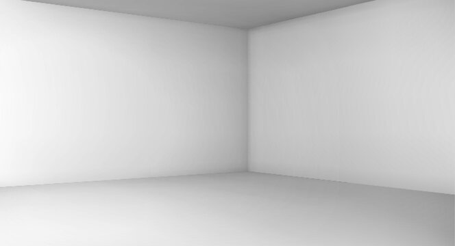 Corner of empty room with white walls, floor and ceiling. 3d blank interior of living room, office, gallery, studio or hallway, vector realistic illustration in perspective view