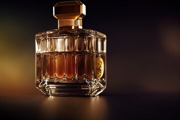  a bottle of perfume on a table with a black background and a gold topper on the top of the bottle. Generative AI
